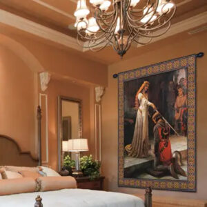 Renaissance influence tapestry featured in a bedroom